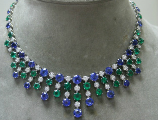 Blue and Green Sapphire and Diamond Platinum Necklace